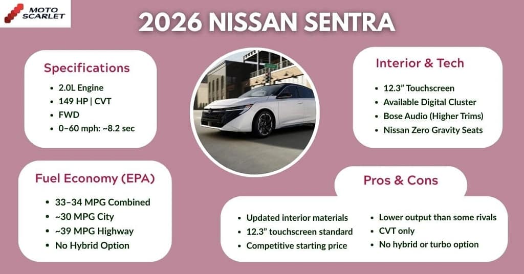 2026 Nissan Sentra quick spec sheet showing specs, interior tech, fuel economy, pros and cons