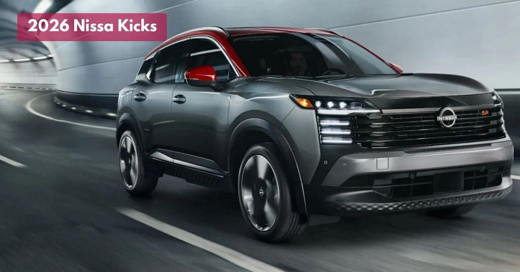 Exterior view of the 2026 Nissan Kicks showing its compact SUV shape, front styling, and modern design details.