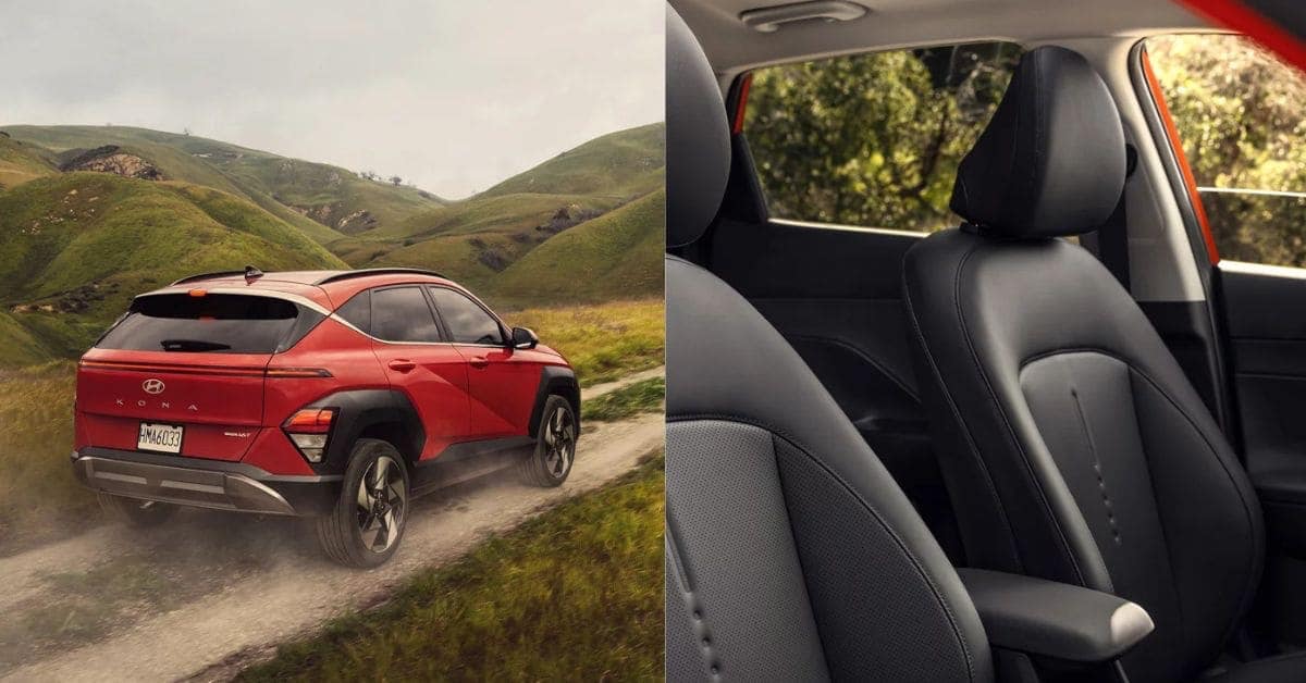 Rear exterior of the 2026 Hyundai Kona shown alongside the interior rear seats, highlighting taillight design and seating layout.