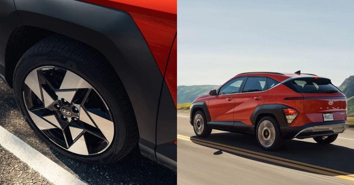 Side-by-side image showing the 2026 Hyundai Kona wheels on the left and the rear exterior design with taillights and hatch on the right.