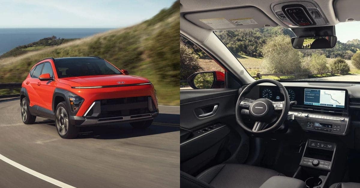 2026 Hyundai Kona on the left and interior showing dual digital screen, front seats, steering wheel on the right.
