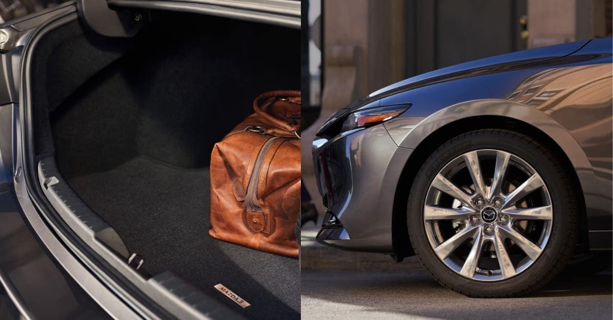 2026 Mazda 3 sedan trunk with a wide opening, carpeted cargo area, and a leather travel bag placed inside for size reference