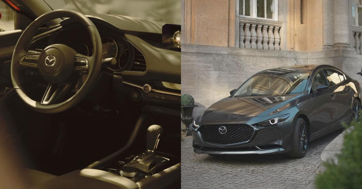 Front side view of a Mazda 3 sedan showing alloy wheel design, front fender, headlight, and sculpted body lines