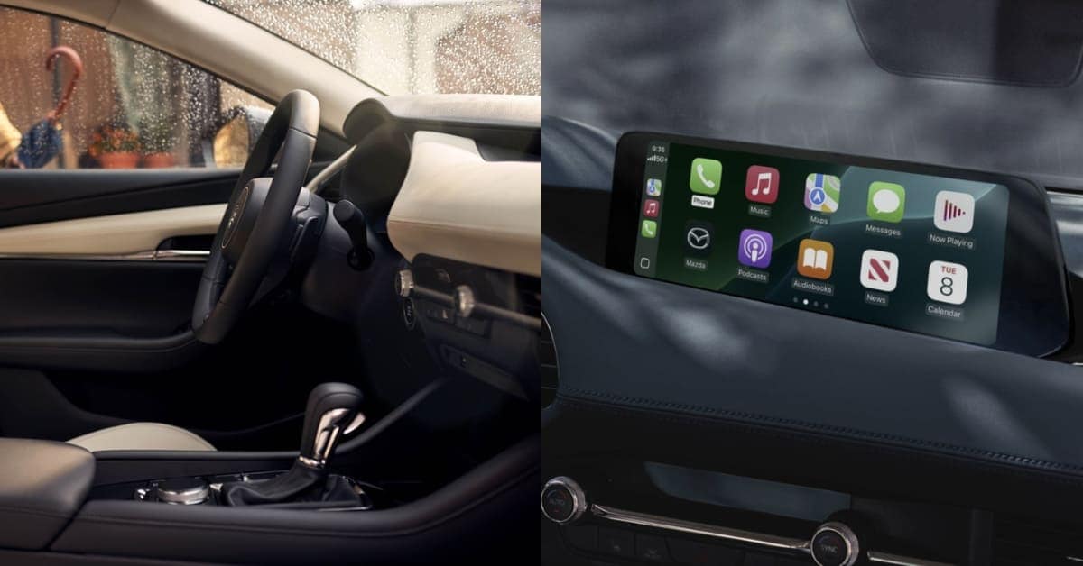 2026 Mazda 3 interior showing dashboard layout, steering wheel, center console, and infotainment screen displaying Apple CarPlay.