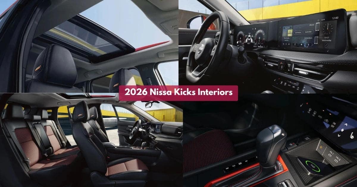 Front interior of the 2026 Nissan Kicks featuring a wide dashboard, center touchscreen, digital instrument cluster, and fabric front seats.